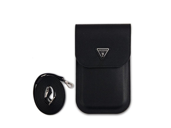 Guess PU Grained Triangle Logo Universal Phone Pouch with Strap and Card Slot Black - GUCWBPGTSPSK