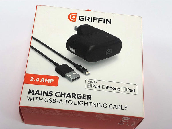 Griffin 2.4 Amp UK Mains Charger with USB A to Lightning Cable Black - GP-010-BLK