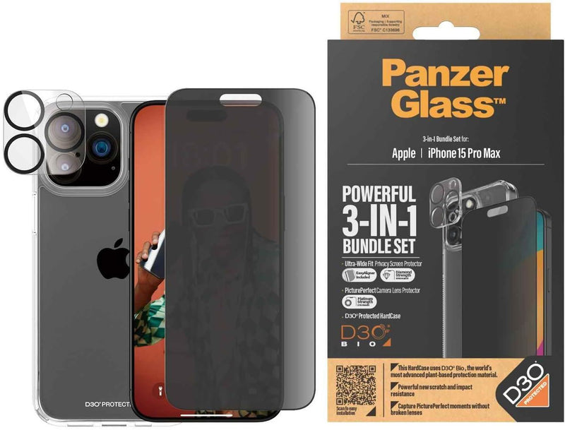 Panzer Glass Privacy Powerful 3 in 1 Bundle Pack for iPhone 15 Pro Max 6.7" - B1175+P2812