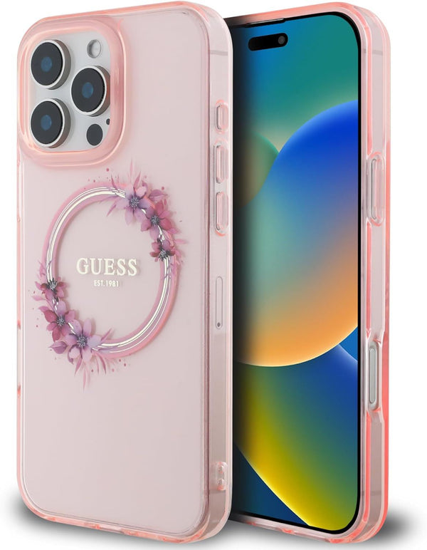 Guess IML Flowers Wreath Case with MagSafe for iPhone 16 Pro Max 6.9" Pink - GUHMP16XHFWFCP