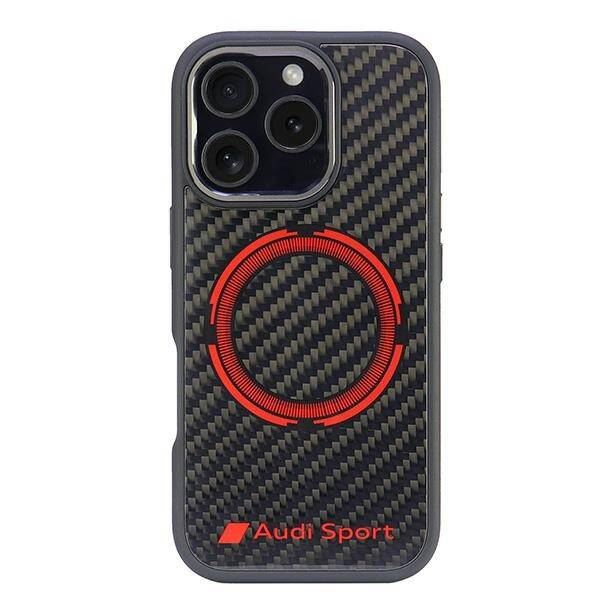 Audi Carbon Fiber Sports Red Circle Hardcase with MagSafe for iPhone 16 Pro 6.3" Black/Red - AUS-TPUPCMIP16P-RSQ/D5-BK