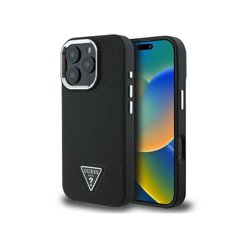 Guess PU Grained Triangle Logo Case for iPhone 16 Pro 6.3" Black - GUHMP16LPGTSPSK