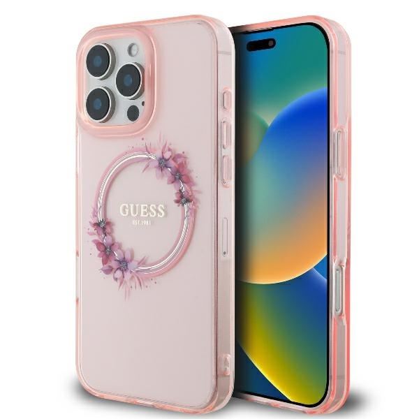 Guess IML Flowers Wreath Case with MagSafe for iPhone 16 Pro 6.3" Pink - GUHMP16LHFWFCP