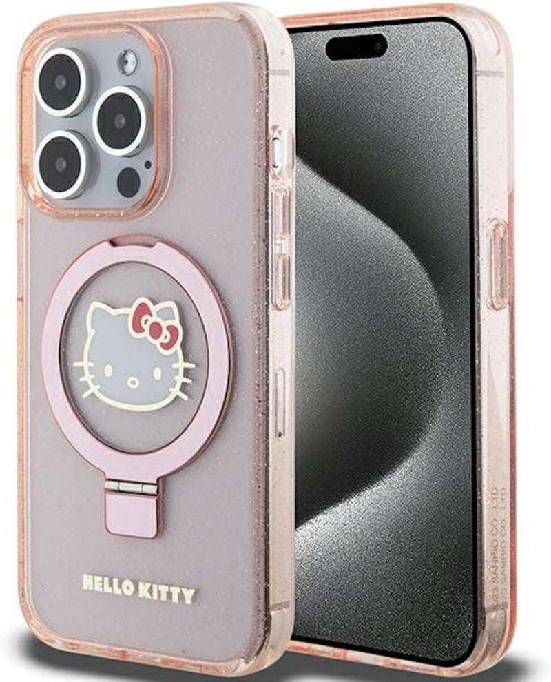 Hello Kitty Ring Stand Glitter Electrop Logo with Magsafe Case for iphone 15 Pro 6.1" Pink - HKHMP15LHRSGEP