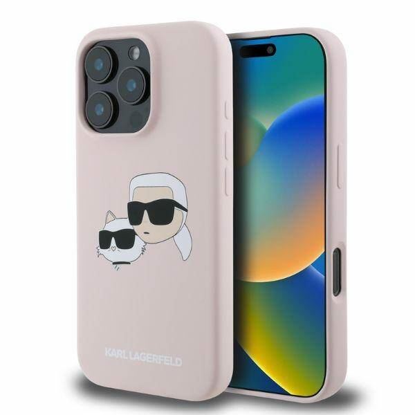 Karl Lagerfeld Liquid Silicone Karl and Choupette Head Case for iphone 16 Pro 6.3" Pink - KLHMP16LSKCHPPL