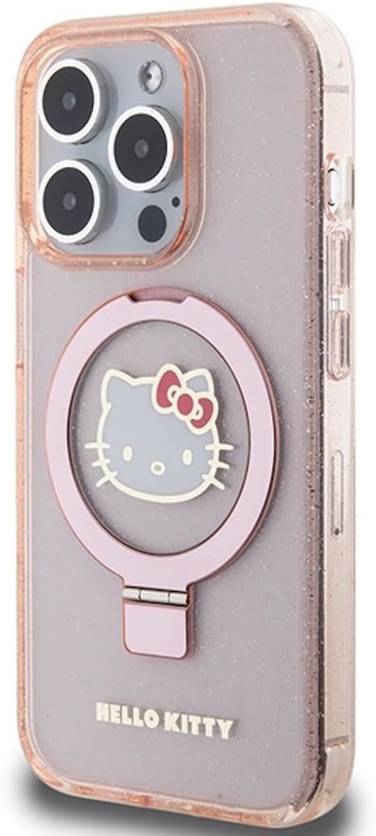 Hello Kitty Ring Stand Glitter Electrop Logo with Magsafe Case for iphone 15 Pro 6.1" Pink - HKHMP15LHRSGEP