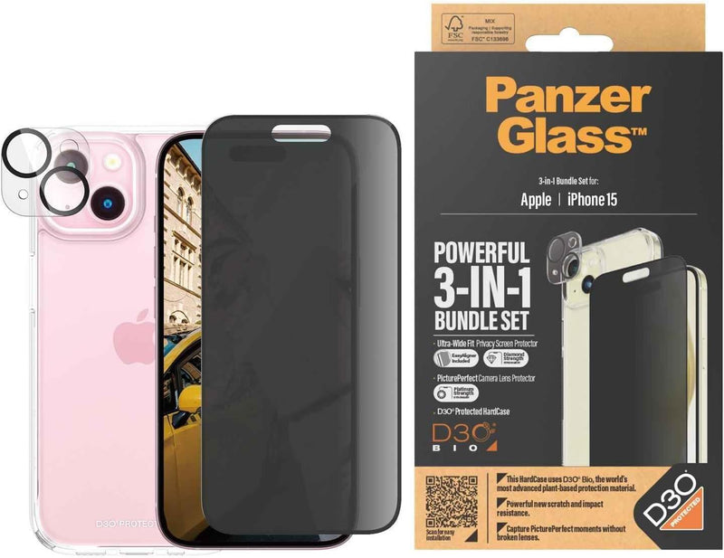 Panzer Glass Privacy Powerful 3 in 1 Bundle Pack for iPhone 15 6.1" - B1172+P2809