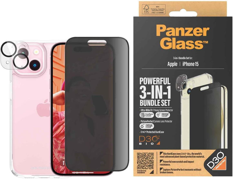 Panzer Glass Privacy Powerful 3 in 1 Bundle Pack for iPhone 15 6.1" - B1172+P2809