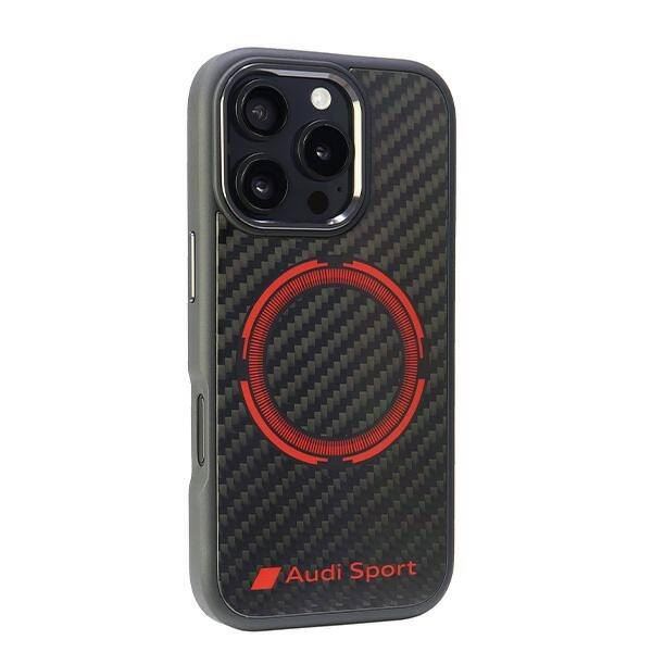 Audi Carbon Fiber Sports Red Circle Hardcase with MagSafe for iPhone 16 Pro 6.3" Black/Red - AUS-TPUPCMIP16P-RSQ/D5-BK