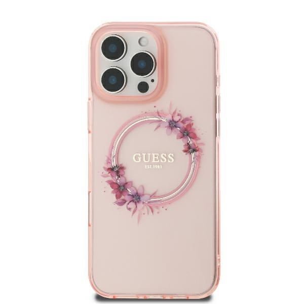 Guess IML Flowers Wreath Case with MagSafe for iPhone 16 Pro 6.3" Pink - GUHMP16LHFWFCP