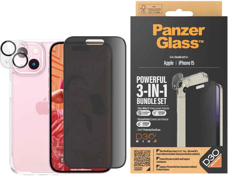 Panzer Glass Privacy Powerful 3 in 1 Bundle Pack for iPhone 15 6.1" - B1172+P2809