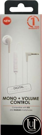 U Unique London Mono Wired White Headset with Volume Control iphone samsung